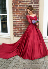 Satin Prom Dresses Ball Gown V-Neck Cathedral Train With Lace